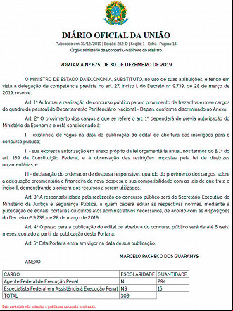 DEPEN tem concurso autorizado com 309 vagas DEPEN tem concurso autorizado com 309 vagas