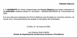 IBFC comunica adiamento das provas objetivas do concurso IAT-PR IBFC comunica adiamento das provas objetivas do concurso IAT-PR