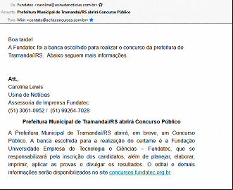 Confirmação da Assessoria de Imprensa da Fundatec de realização de concurso de Tramandaí Confirmação da Assessoria de Imprensa da Fundatec de realização de concurso de Tramandaí