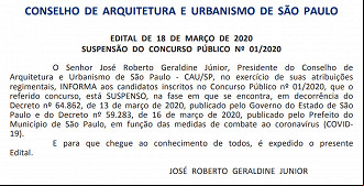 O Concurso Público do Conselho de Arquitetura e Urbanismo de São Paulo (CAU-SP) foi suspenso devido ao novo coronavírus (COVID-19) O Concurso Público do Conselho de Arquitetura e Urbanismo de São Paulo (CAU-SP) foi suspenso devido ao novo coronavírus (COVID-19)