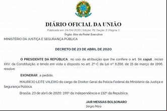Publicação no Diário Oficial de exoneração do Diretor-Geral da PF Publicação no Diário Oficial de exoneração do Diretor-Geral da PF