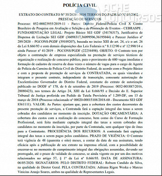 Extrato de contrato entre PCDF e Cebraspe - Reprodução: Diário Oficial Extrato de contrato entre PCDF e Cebraspe - Reprodução: Diário Oficial