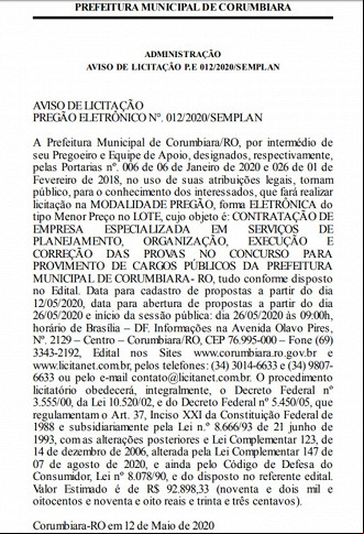 Aviso de Licitação Aviso de Licitação