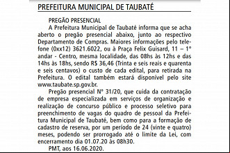 Licitação para contratar a banca organizadora do concurso e da seleção da Prefeitura de Taubaté-SP Licitação para contratar a banca organizadora do concurso e da seleção da Prefeitura de Taubaté-SP
