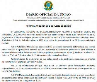 Ministério da Economia vai abrir 350 vagas em 2020 - Reprodução: Diário Oficial Ministério da Economia vai abrir 350 vagas em 2020 - Reprodução: Diário Oficial