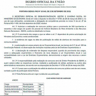 Autorização para concurso no IBAMA publicada no dia 06/09/21 - Diário Oficial da União Autorização para concurso no IBAMA publicada no dia 06/09/21 - Diário Oficial da União