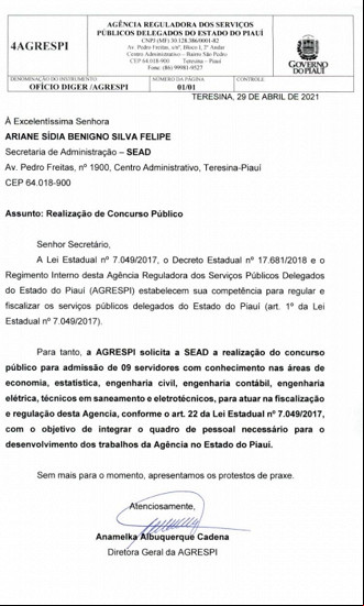 Solicitação de concurso público Agrespi feita pela Diretora à Secretaria de istração do Piauí Solicitação de concurso público Agrespi feita pela Diretora à Secretaria de istração do Piauí