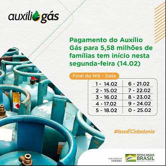 Calendário do vale gás em fevereiro é divulgado. Fonte: Ministério da Cidadania. Calendário do vale gás em fevereiro é divulgado. Fonte: Ministério da Cidadania.