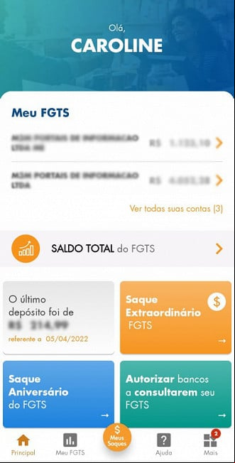 Aplicativo do FGTS informa saldo de contas e consulta ao saque extraordinário. Imagem: Reprodução/FGTS.