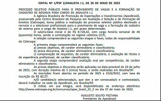 Extrato do Edital do concurso APEX - Diário Oficial da União de 27/05 Extrato do Edital do concurso APEX - Diário Oficial da União de 27/05