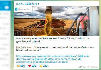 Bolsonaro estima nova redução do preço dos combustíveis - Fonte: Telegram Bolsonaro estima nova redução do preço dos combustíveis - Fonte: Telegram
