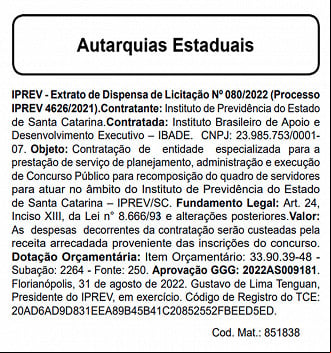Extrato de Dispensa - IPREV SC Extrato de Dispensa - IPREV SC