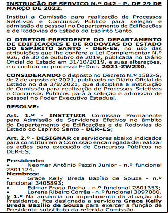 Concurso DER ES - Comissão definida Concurso DER ES - Comissão definida