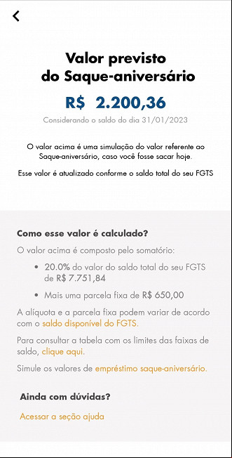 App FGTS mostra valor disponível para saque-aniversário. App FGTS mostra valor disponível para saque-aniversário.