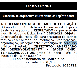 Presidência do CAU ES divulga resultado do processo de escolha da banca IADES - Reprodução Presidência do CAU ES divulga resultado do processo de escolha da banca IADES - Reprodução