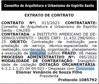 Extrato do contrato da banca IADES para novo Concurso CAU 2023 - Reprodução Extrato do contrato da banca IADES para novo Concurso CAU 2023 - Reprodução
