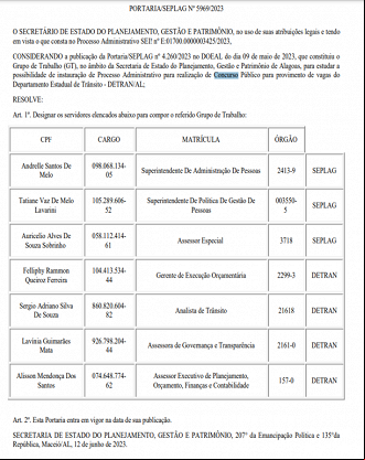 Créditos: Reprodução/Diário Oficial de Alagoas Créditos: Reprodução/Diário Oficial de Alagoas