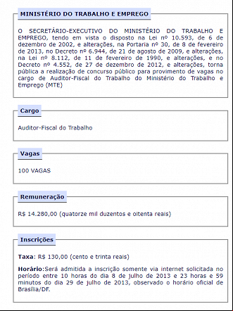 Último concurso público para Auditor Fiscal do Trabalho, há quase treze anos, pelo Cespe - Reprodução Último concurso público para Auditor Fiscal do Trabalho, há quase treze anos, pelo Cespe - Reprodução