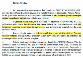 INCRA adere ao concurso unificado por meio de carta ao MGI INCRA adere ao concurso unificado por meio de carta ao MGI