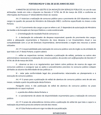 Portaria autorizou concurso público para o MEC com 220 vagas, acima do quantitativo do último edital (2004) - Reprodução Portaria autorizou concurso público para o MEC com 220 vagas, acima do quantitativo do último edital (2004) - Reprodução