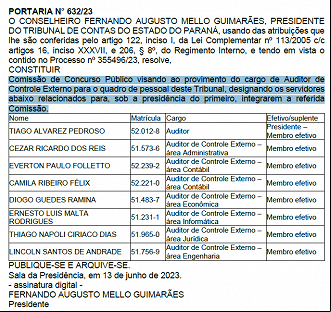 Comissão publicada no dia 16 de junho no Diário Oficial para concurso público do TCE-PR. - Reprodução Comissão publicada no dia 16 de junho no Diário Oficial para concurso público do TCE-PR. - Reprodução