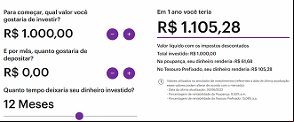Simulador do Nubank mostra quanto rende R$ 1.000 em valores líquidos com descontos descontados. - Reprodução/NuInvest Simulador do Nubank mostra quanto rende R$ 1.000 em valores líquidos com descontos descontados. - Reprodução/NuInvest