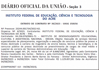 IDECAN é a banca do novo concurso para o IFAC - Créditos: Reprodução/DOU.