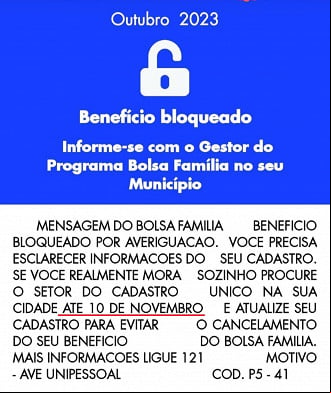 Bolsa Família bloqueado em outubro Bolsa Família bloqueado em outubro