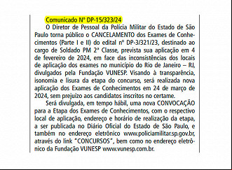 Vunesp cancela provas de 04/02 e remarca etapa para 24/03 - Imagem: Diário Oficial do Estado Vunesp cancela provas de 04/02 e remarca etapa para 24/03 - Imagem: Diário Oficial do Estado