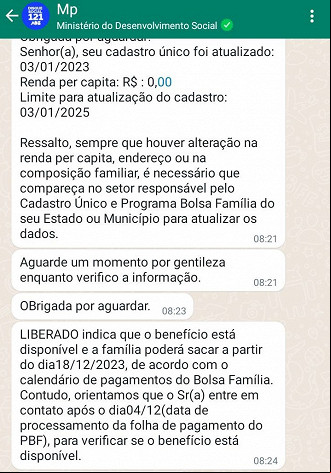 Whatsapp do Bolsa Família mostra situação do benefício em dezembro. Whatsapp do Bolsa Família mostra situação do benefício em dezembro.
