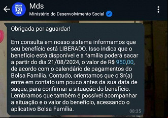 WhatsApp Bolsa Família mostra benefício liberado em agosto. WhatsApp Bolsa Família mostra benefício liberado em agosto.