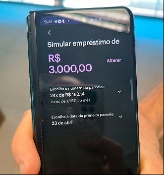 Simulação feita para empréstimo de R$ 3 mil do Nubank: Foto: Adriano Maas Simulação feita para empréstimo de R$ 3 mil do Nubank: Foto: Adriano Maas